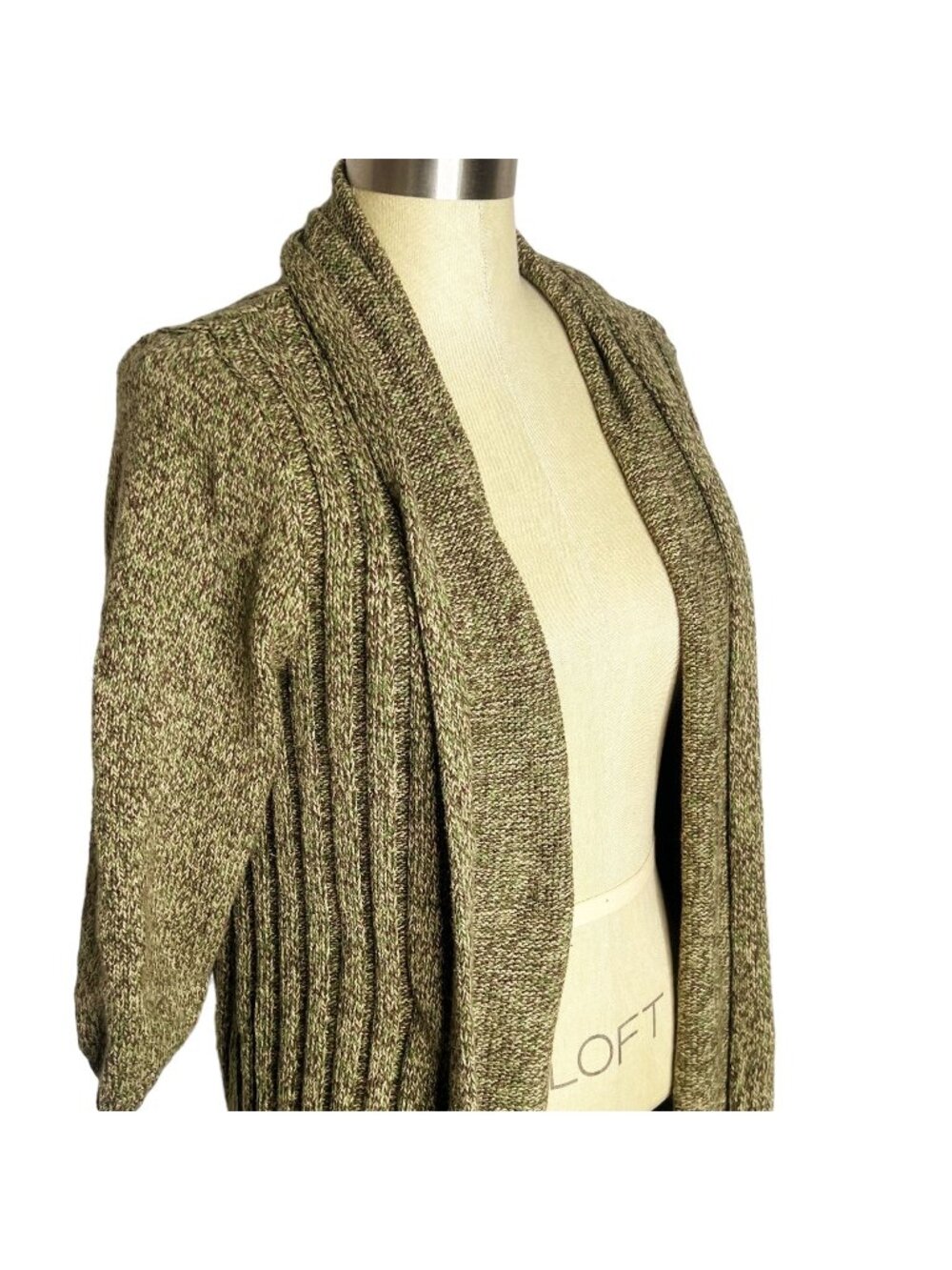 Dressbarn Cardigan Sweater Womens Size L Green Beige Brown Heathered Open Front